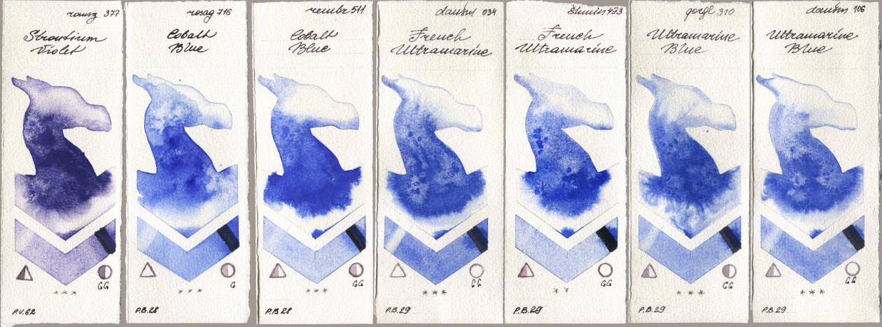 Roman Szmal Aquarius 377 Strontium Violet, Rosa Gallery 716 Cobalt Blue, Royal Talens Rembrandt Watercolour 511 Cobalt Blue, Daniel Smith 034 French Ultramarine, Shminke Horadam Aquarell 493 French Ultramarine, Golden QOR 310 Ultramarine Blue, 106 Ultramarine Bl watercolor swatch