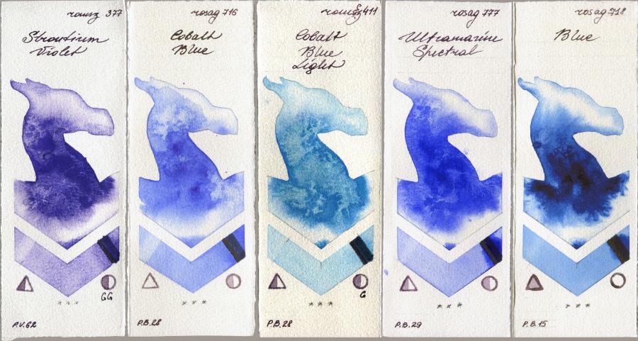 Roman Szmal Aquarius 377 Strontium Violet vs Rosa Gallery 716 Cobalt Blue vs 411 Cobalt Blue Light vs 777 Ultramarine Spectral vs 718 Blue watercolor swatch