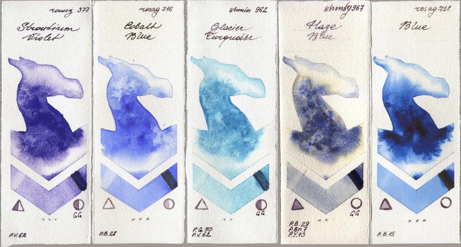 Roman Szmal Aquarius 377 Strontium Violet vs Rosa Gallery 716 Cobalt Blue vs Shminke Horadam Aquarell 962 Glacier Turquoise vs 967 Haze Blue vs 718 Blue watercolor swatch