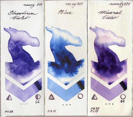 Roman Szmal Aquarius 377 Strontium Violet vs Rosa Gallery 718 Blue vs 334 Mineral Violet watercolor swatch