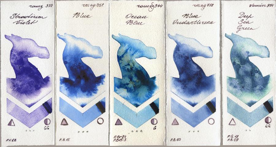 Roman Szmal Aquarius 377 Strontium Violet vs Rosa Gallery 718 Blue vs 344 Ocean Blue vs 738 Blue Indanthrone vs Shminke Horadam Aquarell 954 Deep Sea Green watercolor swatch