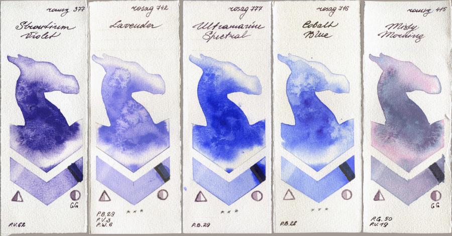 Roman Szmal Aquarius 377 Strontium Violet vs Rosa Gallery 742 Lavender vs 777 Ultramarine Spectral vs 716 Cobalt Blue vs 415 Misty Morning watercolor swatch