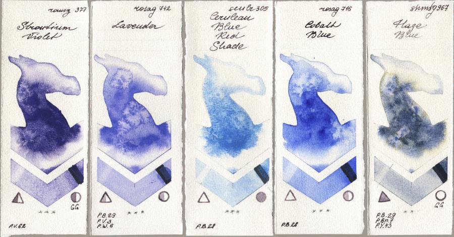 Roman Szmal Aquarius 377 Strontium Violet vs Rosa Gallery 742 Lavender vs Sennelier l Aquarelle 305 Cerulean Blue Red Shade vs 716 Cobalt Blue vs Shminke Horadam Aquarell 967 Haze Blue watercolor swatch