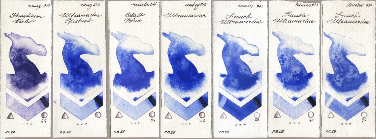 Roman Szmal Aquarius 377 Strontium Violet, Rosa Gallery 777 Ultramarine Spectral, Royal Talens Rembrandt Watercolour 511 Cobalt Blue, 715 Ultramarine, Winsor & Newton Professional 263 French Ultramarine, Shminke Horadam Aquarell 493 French Ultramarine, Daniel Smith 034 French Ultramari watercolor swatch
