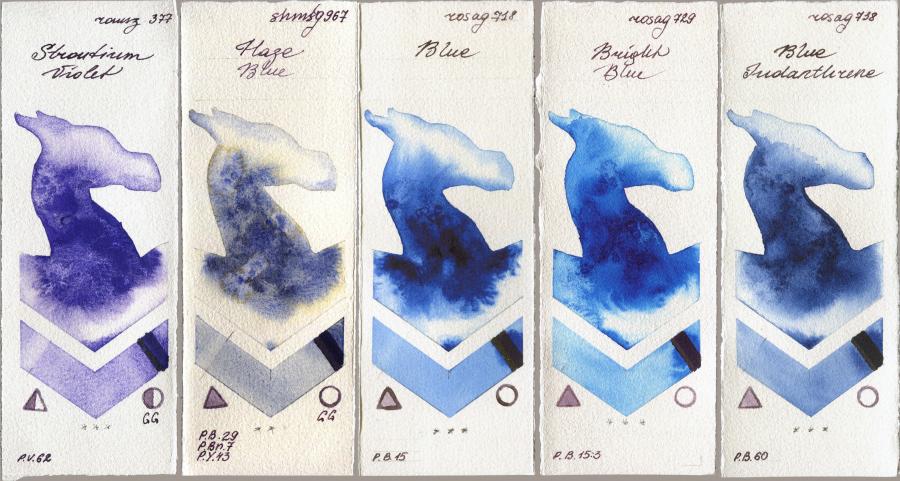 Roman Szmal Aquarius 377 Strontium Violet vs Shminke Horadam Aquarell 967 Haze Blue vs Rosa Gallery 718 Blue vs 729 Bright Blue vs 738 Blue Indanthrone watercolor swatch