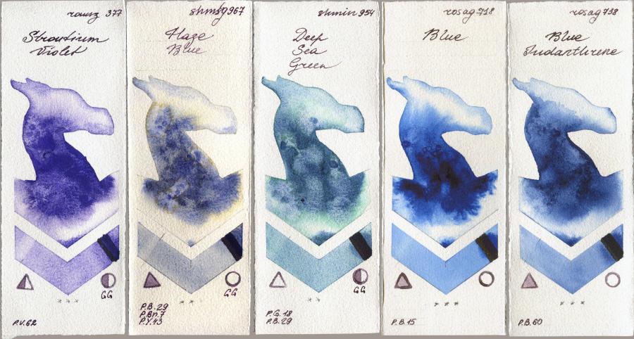 Roman Szmal Aquarius 377 Strontium Violet vs Shminke Horadam Aquarell 967 Haze Blue vs 954 Deep Sea Green vs Rosa Gallery 718 Blue vs 738 Blue Indanthrone watercolor swatch