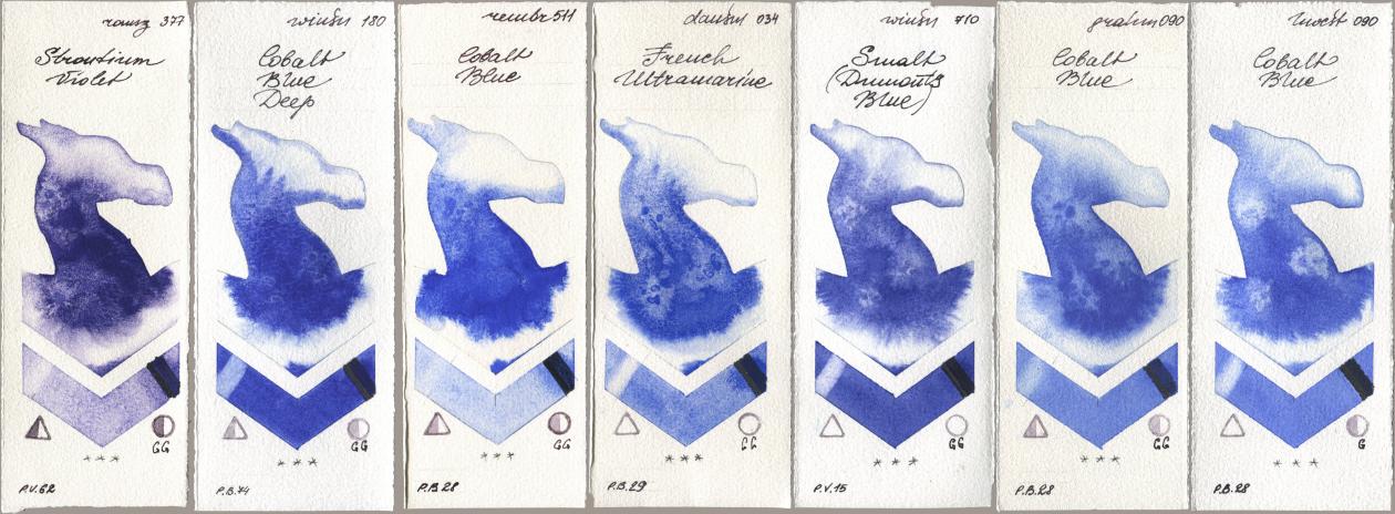 Roman Szmal Aquarius 377 Strontium Violet, Winsor & Newton Professional 180 Cobalt Blue Deep, Royal Talens Rembrandt Watercolour 511 Cobalt Blue, Daniel Smith 034 French Ultramarine, 710 Smalt (Dumonts Blue), M. Graham & Co. Artists 090 Cobalt Blue, Holbein Artists Watercolor 090 Cobalt Bl watercolor swatch