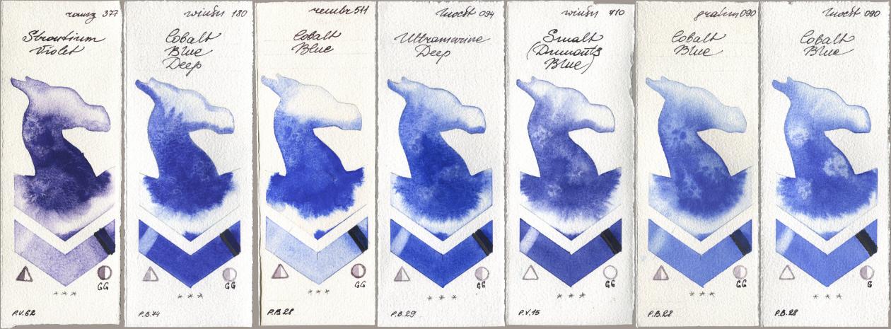Roman Szmal Aquarius 377 Strontium Violet, Winsor & Newton Professional 180 Cobalt Blue Deep, Royal Talens Rembrandt Watercolour 511 Cobalt Blue, Holbein Artists Watercolor 094 Ultramarine Deep, 710 Smalt (Dumonts Blue), M. Graham & Co. Artists 090 Cobalt Blue, 090 Cobalt Bl watercolor swatch