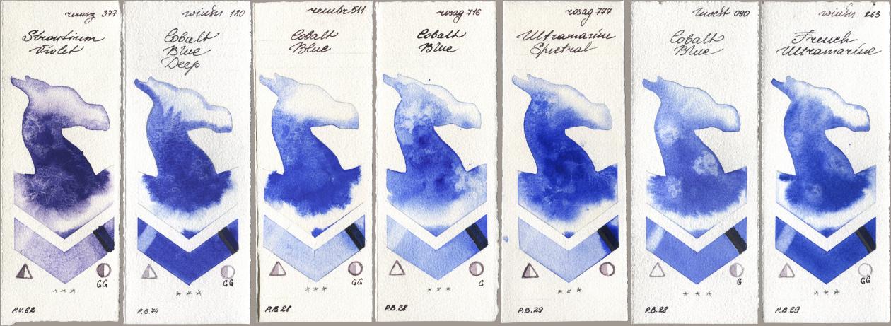 Roman Szmal Aquarius 377 Strontium Violet, Winsor & Newton Professional 180 Cobalt Blue Deep, Royal Talens Rembrandt Watercolour 511 Cobalt Blue, Rosa Gallery 716 Cobalt Blue, 777 Ultramarine Spectral, Holbein Artists Watercolor 090 Cobalt Blue, 263 French Ultramari watercolor swatch