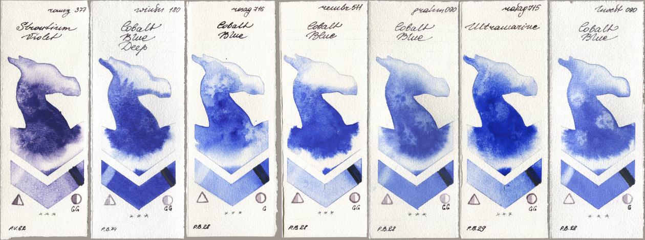 Roman Szmal Aquarius 377 Strontium Violet, Winsor & Newton Professional 180 Cobalt Blue Deep, Rosa Gallery 716 Cobalt Blue, Royal Talens Rembrandt Watercolour 511 Cobalt Blue, M. Graham & Co. Artists 090 Cobalt Blue, 715 Ultramarine, Holbein Artists Watercolor 090 Cobalt Bl watercolor swatch