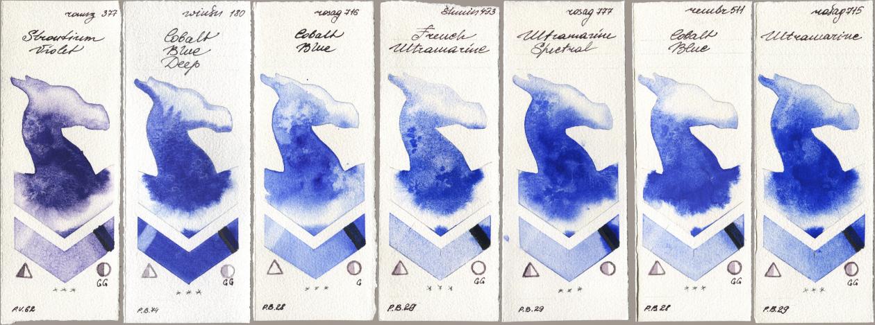 Roman Szmal Aquarius 377 Strontium Violet, Winsor & Newton Professional 180 Cobalt Blue Deep, Rosa Gallery 716 Cobalt Blue, Shminke Horadam Aquarell 493 French Ultramarine, 777 Ultramarine Spectral, Royal Talens Rembrandt Watercolour 511 Cobalt Blue, 715 Ultramari watercolor swatch