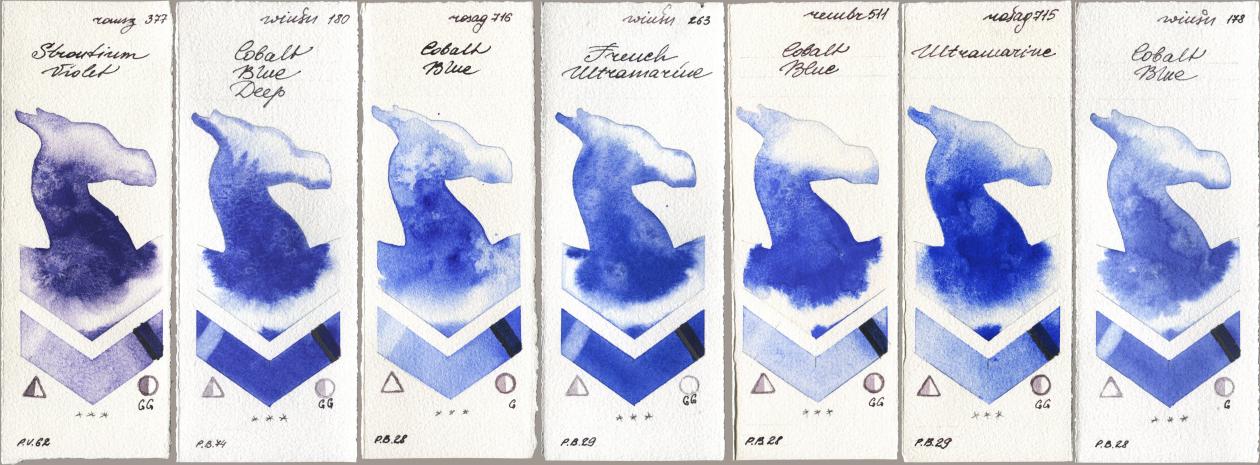 Roman Szmal Aquarius 377 Strontium Violet, Winsor & Newton Professional 180 Cobalt Blue Deep, Rosa Gallery 716 Cobalt Blue, 263 French Ultramarine, Royal Talens Rembrandt Watercolour 511 Cobalt Blue, 715 Ultramarine, 178 Cobalt Bl watercolor swatch