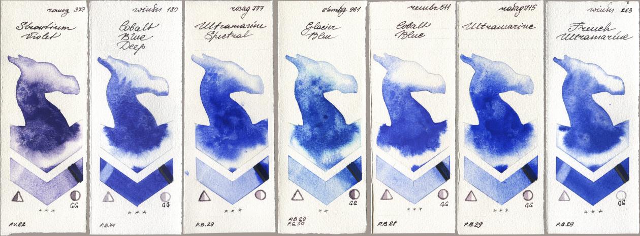 Roman Szmal Aquarius 377 Strontium Violet, Winsor & Newton Professional 180 Cobalt Blue Deep, Rosa Gallery 777 Ultramarine Spectral, Shminke Horadam Aquarell 961 Glacier Blue, Royal Talens Rembrandt Watercolour 511 Cobalt Blue, 715 Ultramarine, 263 French Ultramari watercolor swatch