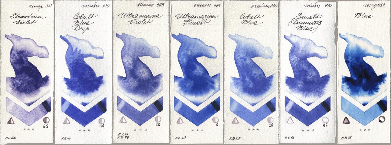 Roman Szmal Aquarius 377 Strontium Violet, Winsor & Newton Professional 180 Cobalt Blue Deep, Shminke Horadam Aquarell 495 Ultramarine Violet, 494 Ultramarine Finest, M. Graham & Co. Artists 090 Cobalt Blue, 710 Smalt (Dumonts Blue), Rosa Gallery 718 Bl watercolor swatch