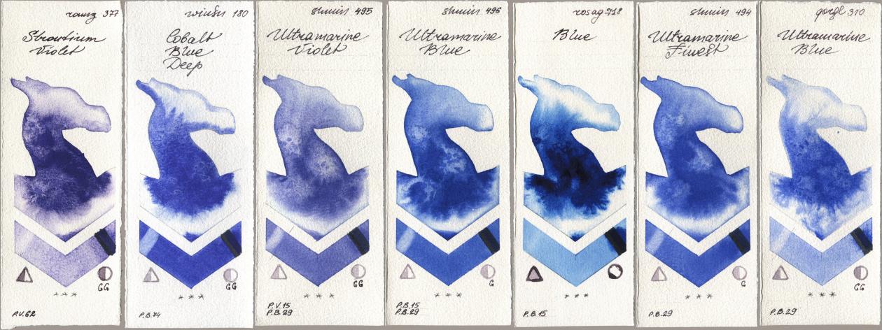 Roman Szmal Aquarius 377 Strontium Violet, Winsor & Newton Professional 180 Cobalt Blue Deep, Shminke Horadam Aquarell 495 Ultramarine Violet, 496 Ultramarine Blue, Rosa Gallery 718 Blue, 494 Ultramarine Finest, Golden QOR 310 Ultramarine Bl watercolor swatch