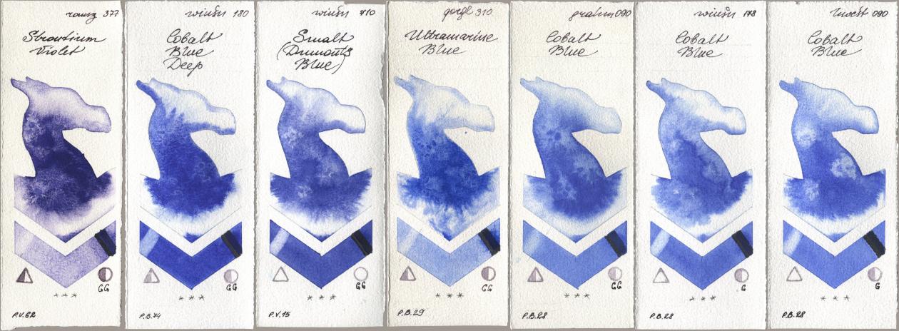 Roman Szmal Aquarius 377 Strontium Violet, Winsor & Newton Professional 180 Cobalt Blue Deep, 710 Smalt (Dumonts Blue), Golden QOR 310 Ultramarine Blue, M. Graham & Co. Artists 090 Cobalt Blue, 178 Cobalt Blue, Holbein Artists Watercolor 090 Cobalt Bl watercolor swatch