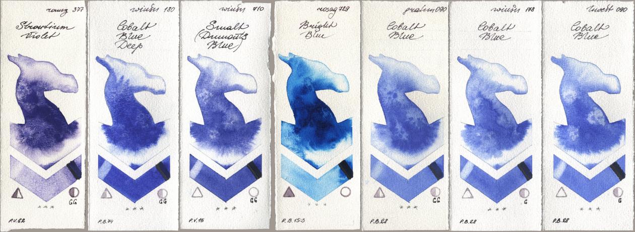 Roman Szmal Aquarius 377 Strontium Violet, Winsor & Newton Professional 180 Cobalt Blue Deep, 710 Smalt (Dumonts Blue), Rosa Gallery 729 Bright Blue, M. Graham & Co. Artists 090 Cobalt Blue, 178 Cobalt Blue, Holbein Artists Watercolor 090 Cobalt Bl watercolor swatch