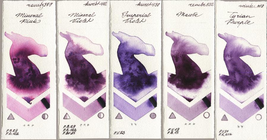 Roman Szmal Aquarius 379 Mineral Pink vs Holbein Artists Watercolor 112 Mineral Violet vs Kuretake Gansai Tambi 038 Imperial Violet vs Royal Talens Rembrandt Watercolour 532 Mauve vs Winsor & Newton Professional 419 Tyrian Purple watercolor swatch