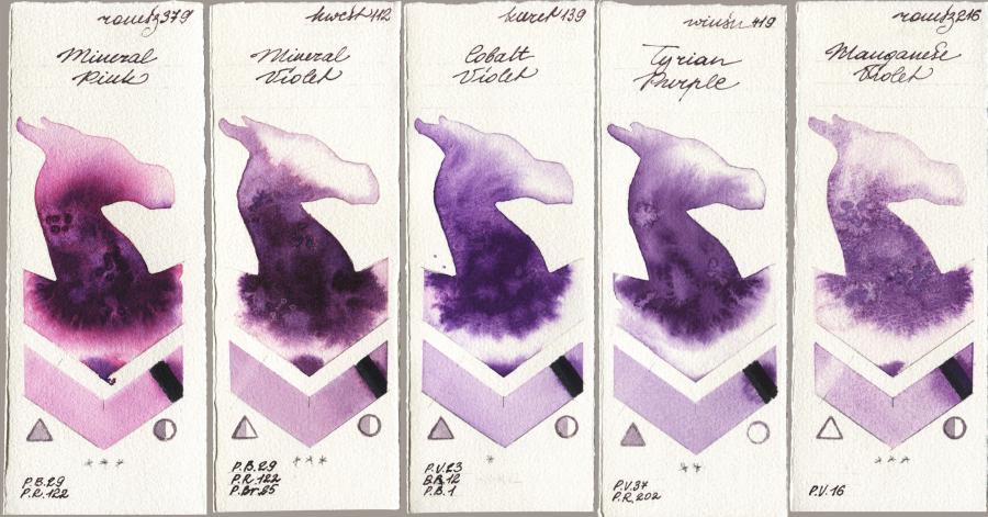 Roman Szmal Aquarius 379 Mineral Pink vs Holbein Artists Watercolor 112 Mineral Violet vs Kuretake Gansai Tambi 139 Cobalt Violet vs Winsor & Newton Professional 419 Tyrian Purple vs 216 Manganese Violet watercolor swatch