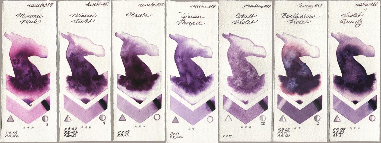 Roman Szmal Aquarius 379 Mineral Pink, Holbein Artists Watercolor 112 Mineral Violet, Royal Talens Rembrandt Watercolour 532 Mauve, Winsor & Newton Professional 419 Tyrian Purple, M. Graham & Co. Artists 099 Cobalt Violet, 542 Earthshine Violet, Rosa Gallery 785 Violet Quar watercolor swatch