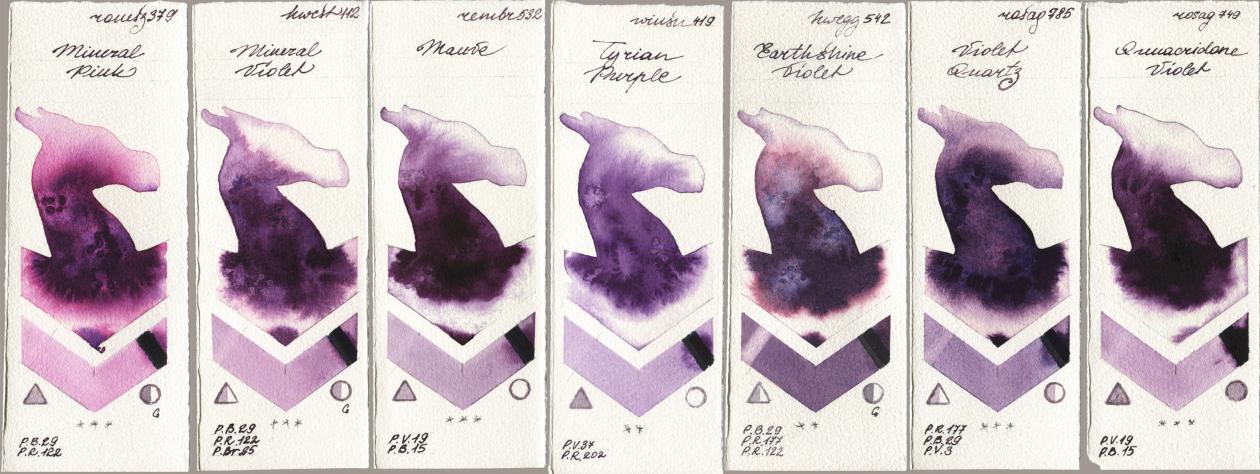 Roman Szmal Aquarius 379 Mineral Pink, Holbein Artists Watercolor 112 Mineral Violet, Royal Talens Rembrandt Watercolour 532 Mauve, Winsor & Newton Professional 419 Tyrian Purple, 542 Earthshine Violet, Rosa Gallery 785 Violet Quartz, 749 Quinacridone Viol watercolor swatch