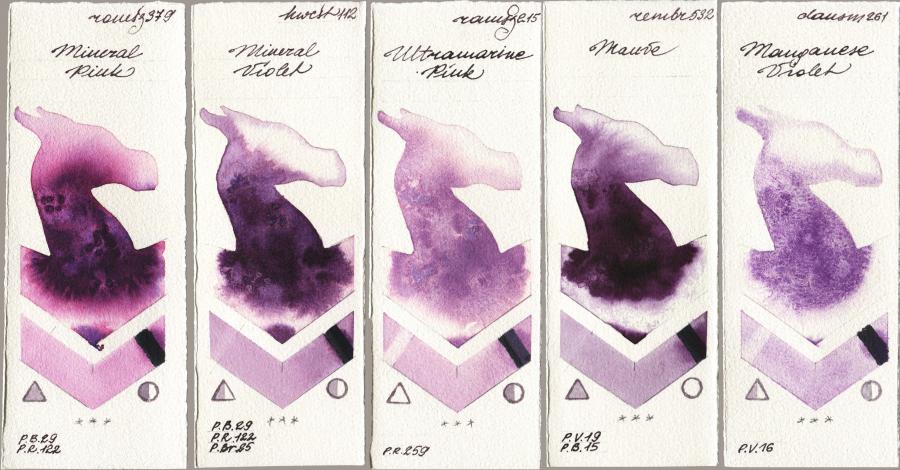 Roman Szmal Aquarius 379 Mineral Pink vs Holbein Artists Watercolor 112 Mineral Violet vs 215 Ultramarine Pink vs Royal Talens Rembrandt Watercolour 532 Mauve vs Daniel Smith 261 Manganese Violet watercolor swatch