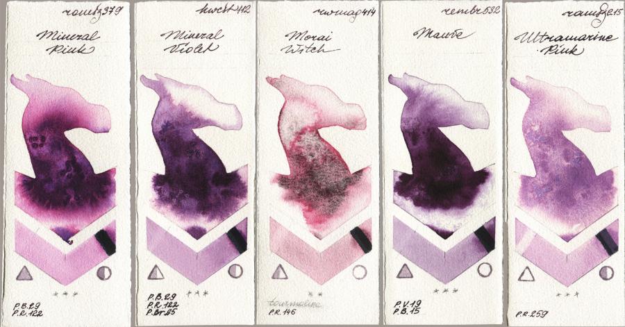 Roman Szmal Aquarius 379 Mineral Pink vs Holbein Artists Watercolor 112 Mineral Violet vs Rockwell 414 Morai Witch vs Royal Talens Rembrandt Watercolour 532 Mauve vs 215 Ultramarine Pink watercolor swatch