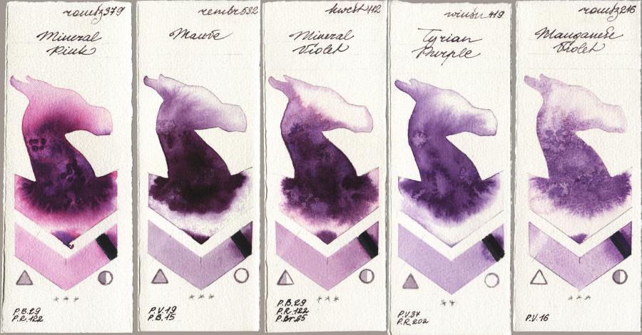 Roman Szmal Aquarius 379 Mineral Pink vs Royal Talens Rembrandt Watercolour 532 Mauve vs Holbein Artists Watercolor 112 Mineral Violet vs Winsor & Newton Professional 419 Tyrian Purple vs 216 Manganese Violet watercolor swatch