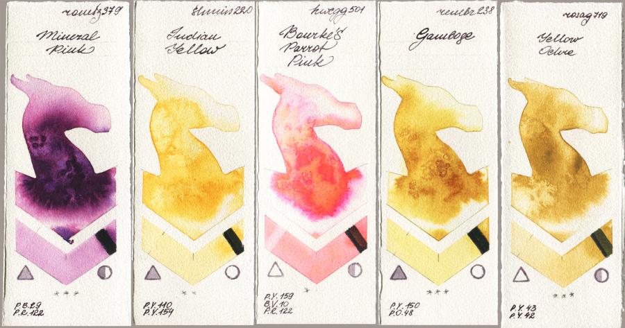Roman Szmal Aquarius 379 Mineral Pink vs Shminke Horadam Aquarell 220 Indian Yellow vs Holbein Artists Watercolor 501 Bourkes Parrot Pink vs Royal Talens Rembrandt Watercolour 238 Gamboge vs Rosa Gallery 719 Yellow Ochre watercolor swatch