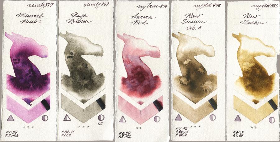 Roman Szmal Aquarius 379 Mineral Pink vs Shminke Horadam Aquarell 969 Haze Brown vs Mijello Mission Gold 806 Aurora Red vs 606 Raw Sienna No 2 vs 563 Raw Umber watercolor swatch