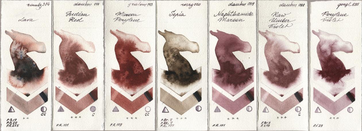 Roman Szmal Aquarius 384 Lava, Daniel Smith 044 Indian Red, M. Graham & Co. Artists 113 Maroon Perylene, Rosa Gallery 720 Sepia, 059 Naphthamide Maroon, 098 Raw Umber Violet, Golden QOR 635 Perylene Viol watercolor swatch