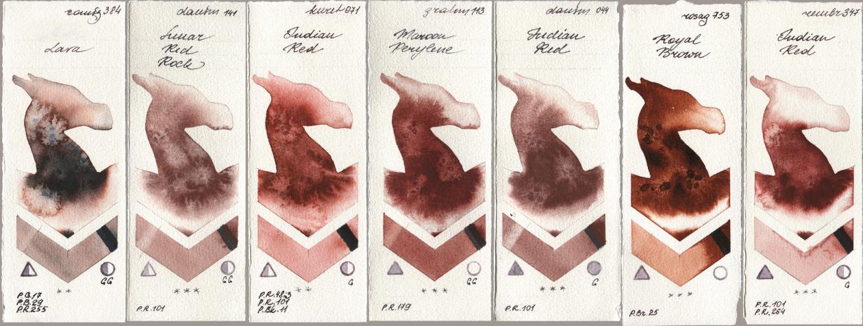 Roman Szmal Aquarius 384 Lava, Daniel Smith 141 Lunar Red Rock, Kuretake Gansai Tambi 071 Indian Red, M. Graham & Co. Artists 113 Maroon Perylene, 044 Indian Red, Rosa Gallery 753 Royal Brown, Royal Talens Rembrandt Watercolour 347 Indian R watercolor swatch