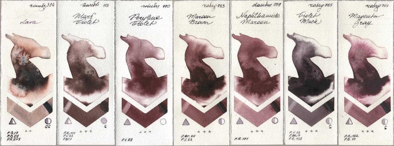 Roman Szmal Aquarius 384 Lava, Holbein Artists Watercolor 113 Mars Violet, Winsor & Newton Professional 470 Perylene Violet, Rosa Gallery 763 Maroon Brown, Daniel Smith 059 Naphthamide Maroon, 765 Violet Black, 764 Magenta Gr watercolor swatch