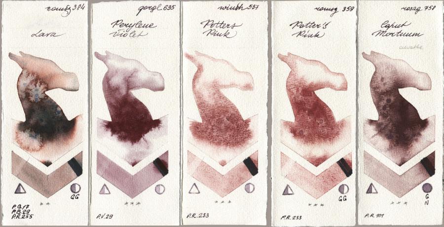 Roman Szmal Aquarius 384 Lava vs Golden QOR 635 Perylene Violet vs Winsor & Newton Professional 537 Potters Pink vs 359 Potters Pink vs Rosa Gallery 758 Caput Mortuum watercolor swatch