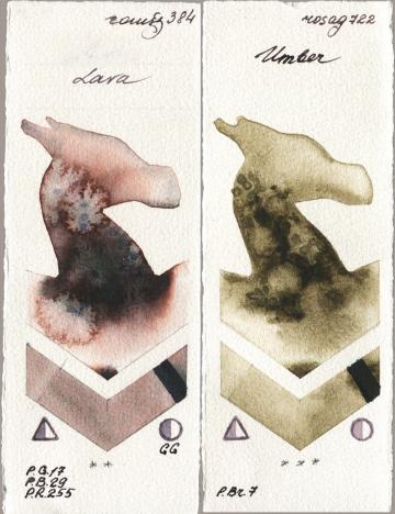 Roman Szmal Aquarius 384 Lava vs Rosa Gallery 722 Umber watercolor swatch