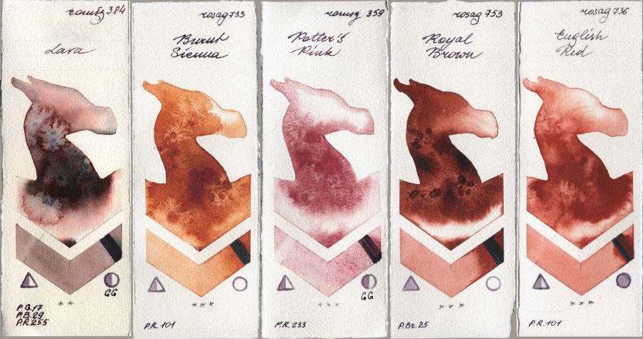 Roman Szmal Aquarius 384 Lava vs Rosa Gallery 733 Burnt Sienna vs 359 Potters Pink vs 753 Royal Brown vs 736 English Red watercolor swatch