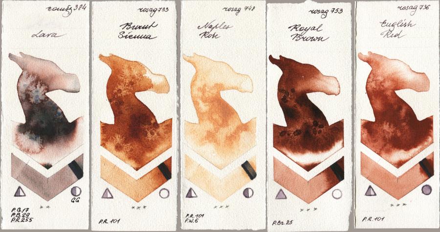 Roman Szmal Aquarius 384 Lava vs Rosa Gallery 733 Burnt Sienna vs 748 Naples Rose vs 753 Royal Brown vs 736 English Red watercolor swatch
