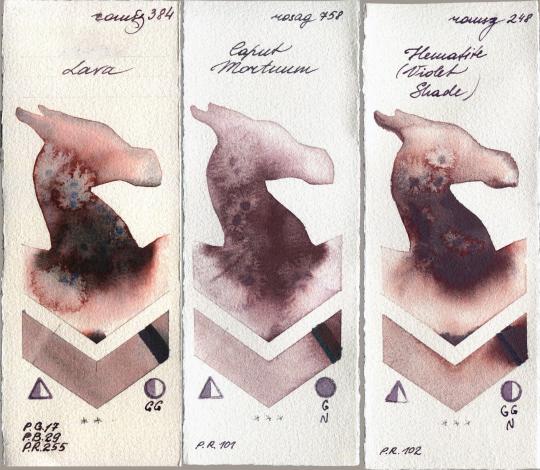Roman Szmal Aquarius 384 Lava vs Rosa Gallery 758 Caput Mortuum vs 248 Hematite (Violet Shade) watercolor swatch
