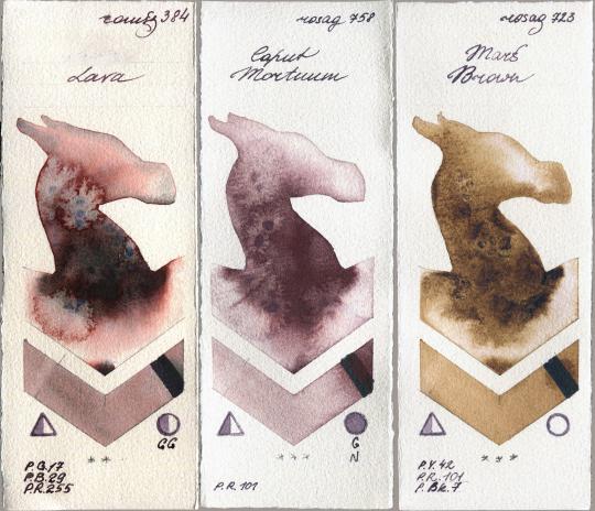 Roman Szmal Aquarius 384 Lava vs Rosa Gallery 758 Caput Mortuum vs 723 Mars Brown watercolor swatch