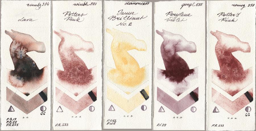 Roman Szmal Aquarius 384 Lava vs Winsor & Newton Professional 537 Potters Pink vs Daniel Smith 257 Jaune Brilliant No 2 vs Golden QOR 635 Perylene Violet vs 359 Potters Pink watercolor swatch