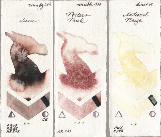 Roman Szmal Aquarius 384 Lava vs Winsor & Newton Professional 537 Potters Pink vs Kuretake Gansai Tambi 011 Natural Beige watercolor swatch