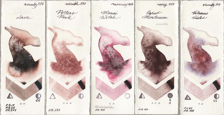 Roman Szmal Aquarius 384 Lava vs Winsor & Newton Professional 537 Potters Pink vs Rockwell 414 Morai Witch vs Rosa Gallery 758 Caput Mortuum vs Shminke Horadam Aquarell 914 Volcano Violet watercolor swatch