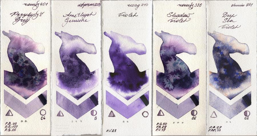 Roman Szmal Aquarius 401 Przybyszs Grey vs Daniel Smith 203 Amethyst Genuine vs Rosa Gallery 710 Violet vs 336 Shadow Violet vs Shminke Horadam Aquarell 951 Deep Sea Violet watercolor swatch