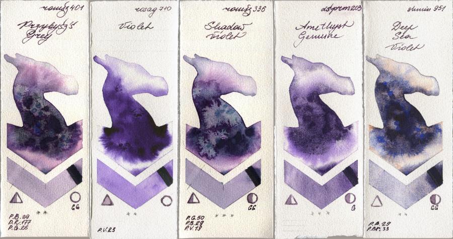 Roman Szmal Aquarius 401 Przybyszs Grey vs Rosa Gallery 710 Violet vs 336 Shadow Violet vs Daniel Smith 203 Amethyst Genuine vs Shminke Horadam Aquarell 951 Deep Sea Violet watercolor swatch