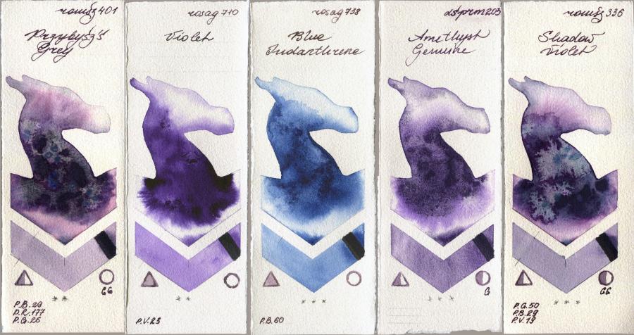 Roman Szmal Aquarius 401 Przybyszs Grey vs Rosa Gallery 710 Violet vs 738 Blue Indanthrone vs Daniel Smith 203 Amethyst Genuine vs 336 Shadow Violet watercolor swatch