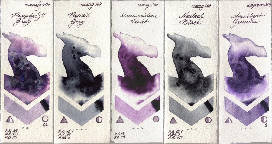 Roman Szmal Aquarius 401 Przybyszs Grey vs Rosa Gallery 737 Paynes Grey vs 749 Quinacridone Violet vs 724 Neutral Black vs Daniel Smith 203 Amethyst Genuine watercolor swatch