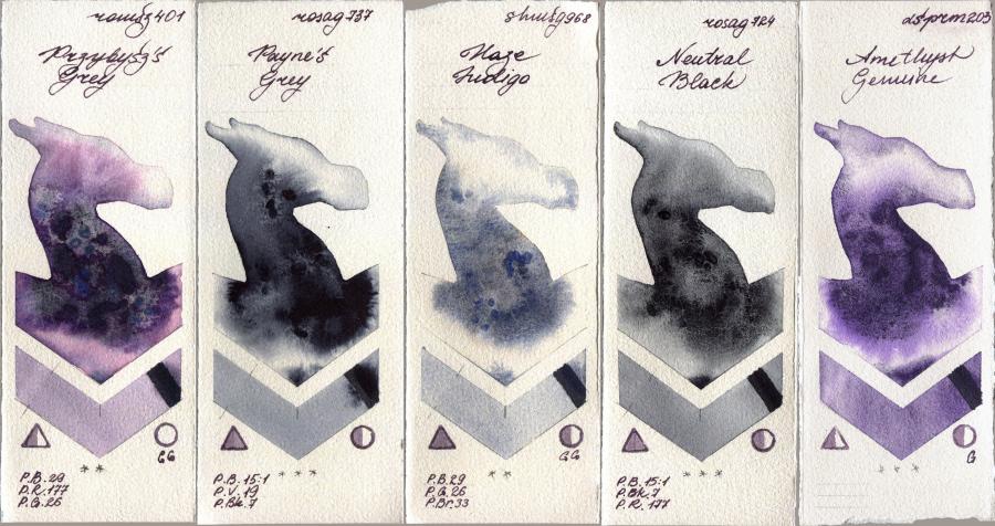 Roman Szmal Aquarius 401 Przybyszs Grey vs Rosa Gallery 737 Paynes Grey vs Shminke Horadam Aquarell 968 Haze Indigo vs 724 Neutral Black vs Daniel Smith 203 Amethyst Genuine watercolor swatch
