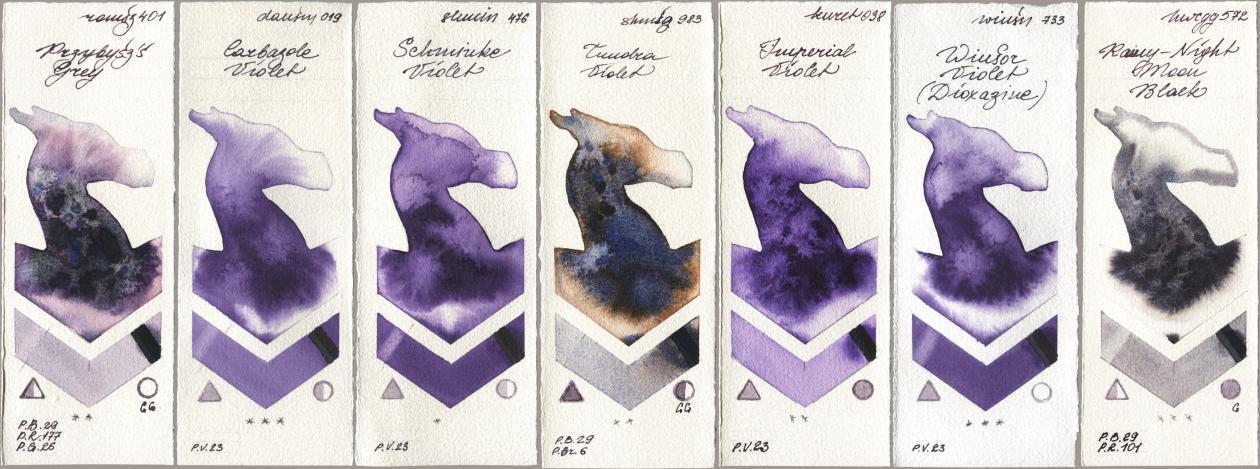 Roman Szmal Aquarius 401 Przybyszs Grey, Daniel Smith 019 Carbazole Violet, Shminke Horadam Aquarell 476 Schmincke Violet, 983 Tundra Violet, Kuretake Gansai Tambi 038 Imperial Violet, Winsor & Newton Professional 733 Winsor Violet (Dioxazine), Holbein Artists Watercolor 572 Rainy-Night Moon Ba watercolor swatch