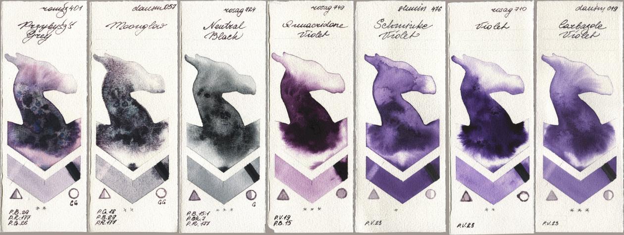 Roman Szmal Aquarius 401 Przybyszs Grey, Daniel Smith 057 Moonglow, Rosa Gallery 724 Neutral Black, 749 Quinacridone Violet, Shminke Horadam Aquarell 476 Schmincke Violet, 710 Violet, 019 Carbazole Viol watercolor swatch