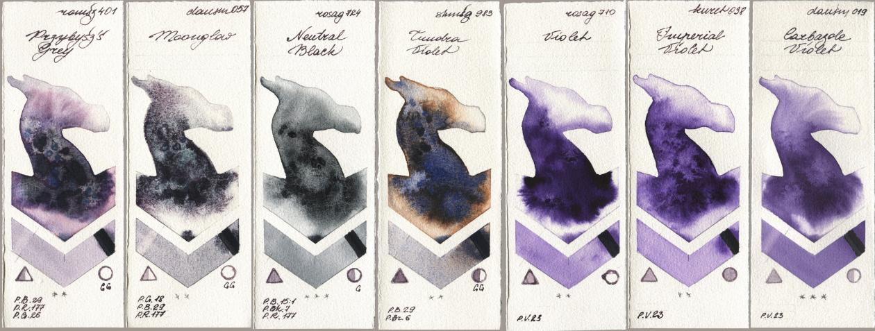 Roman Szmal Aquarius 401 Przybyszs Grey, Daniel Smith 057 Moonglow, Rosa Gallery 724 Neutral Black, Shminke Horadam Aquarell 983 Tundra Violet, 710 Violet, Kuretake Gansai Tambi 038 Imperial Violet, 019 Carbazole Viol watercolor swatch